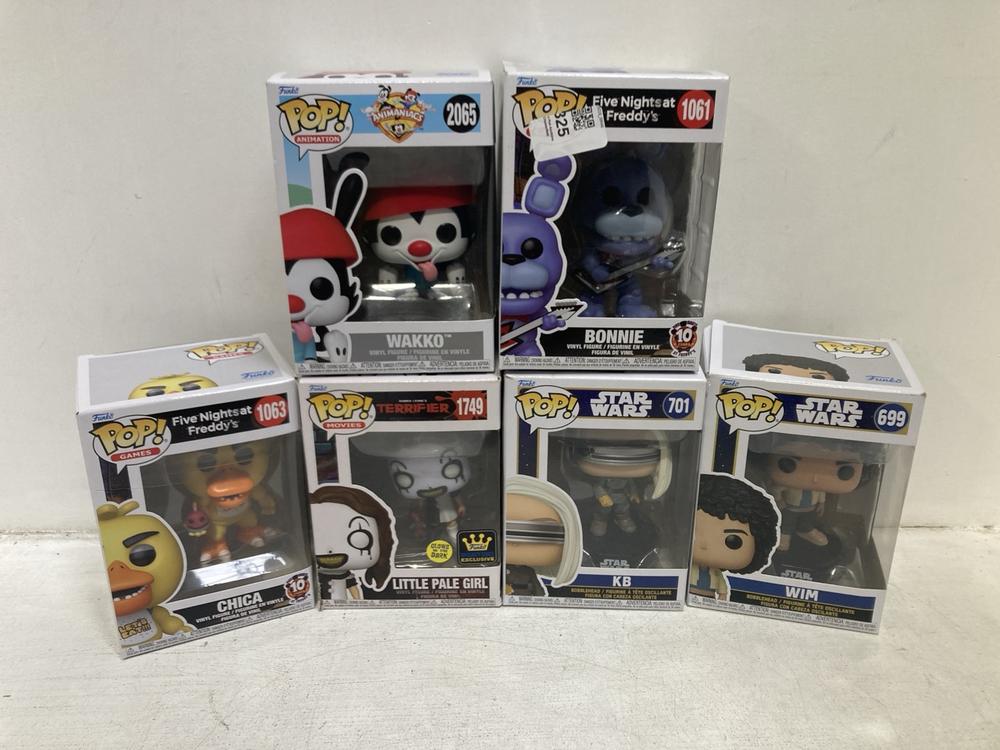 Lot 325  
            Chesterfield SR46 - Parcel Delivery Only 

                
6 X ASSORTED FUNKO POP VINYL FIGURES TO INCLUDE FUNKO POP ANIMANIACS WAKKO 2065 V...