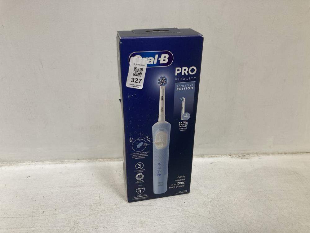 Lot 327  
            Chesterfield SR46 - Parcel Delivery Only 

                
ORAL-B VITALITY PRO SENSITIVE EDITION ELECTRIC TOOTHBRUSH IN BLUE & WHITE (LOCATI...
