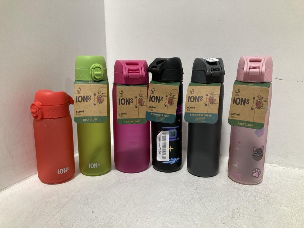 Lot 347  
            Chesterfield SR46 - Parcel Delivery Only 

                
6 X ASSORTED ION8 BOTTLES TO INCLUDE ION8 600 ML FLIP-LID BOTTLE IN GREY (LOCATIO...