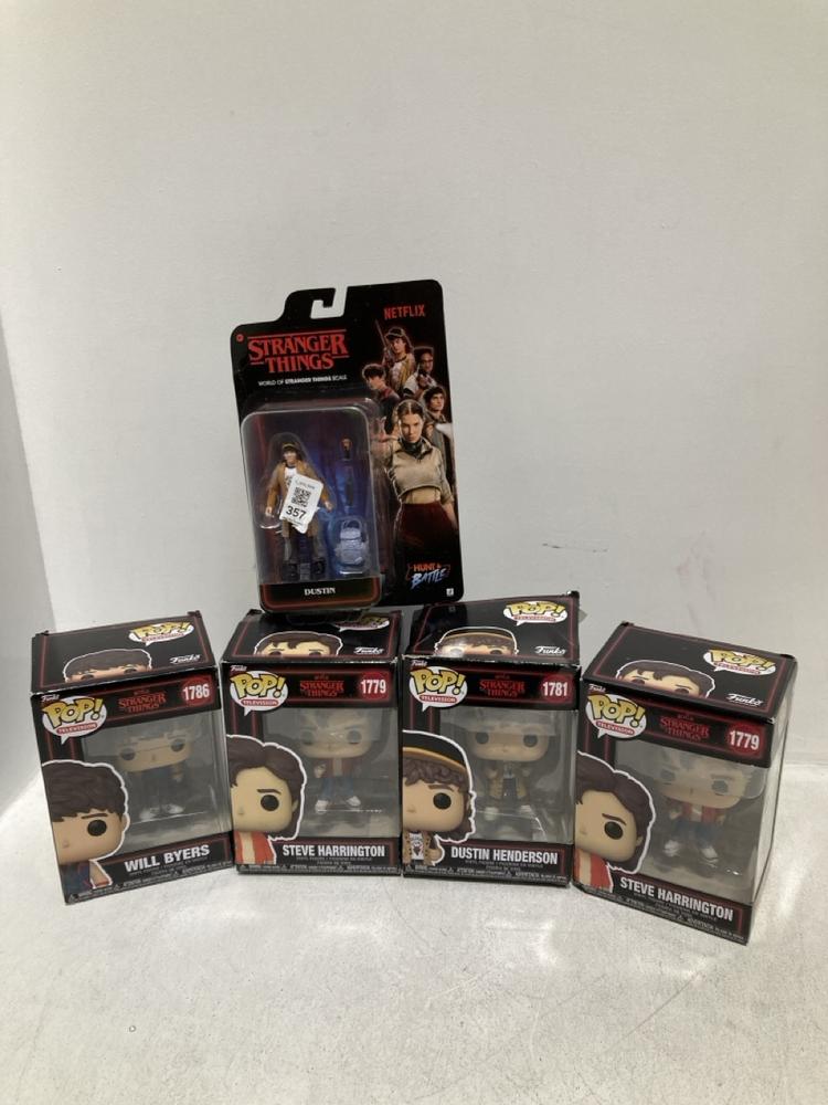 Lot 357  
            Chesterfield SR46 - Parcel Delivery Only 

                
5 X ASSORTED STRANGER THINGS ITEMS TO INCLUDE FUNKO POP STRANGER THINGS WILL BYER...