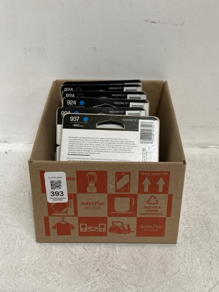 Lot 393  
            Chesterfield SR46 - Parcel Delivery Only 

                
10 X ASSORTED HP INKS TO INCLUDE HP 937 CYAN ORIGINAL INK CARTRIDGE (LOCATION: E3)
