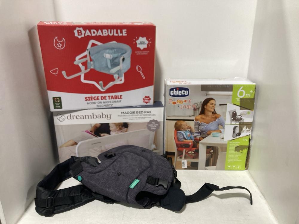 Lot 438  
            Chesterfield SR46 - Parcel Delivery Only 

                
4 X ASSORTED BABY ITEMS TO INCLUDE CHICCO POCKET SNACK CHAIR (LOCATION: E4)