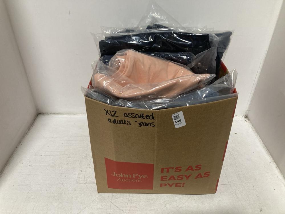 Lot 449  
            Chesterfield SR46 - Parcel Delivery Only 

                
12 X ASSORTED ADULTS JEANS TO INCLUDE WOMENS CORAL PINK JEANS - UK SIZE 12 (LOCAT...