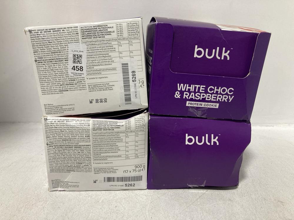 Lot 458  
            Chesterfield SR46 - Parcel Delivery Only 

                
4 X BULK WHITE CHOCOLATE & RASPBERRY HIGH PROTEIN COOKIES ( BEST BEFORE 03/04/202...