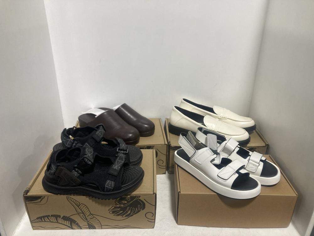 Lot 460  
            Chesterfield SR46 - Parcel Delivery Only 

                
4 X ASSORTED ADULTS SHOES TO INCLUDE WOMENS THICK SOLE SANDALS IN WHITE LEATHER -...