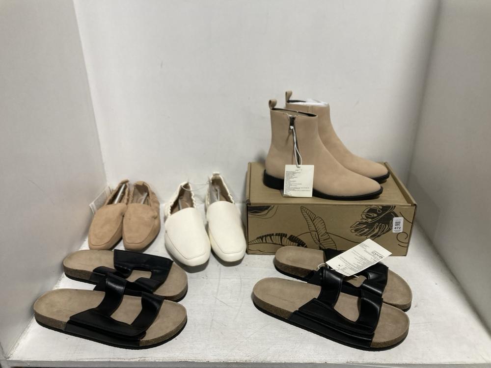 Lot 472  
            Chesterfield SR46 - Parcel Delivery Only 

                
4 X ASSORTED ADULTS SHOES TO INCLUDE WOMENS POINTED TOE SUEDE SHOES IN BEIGE - UK...