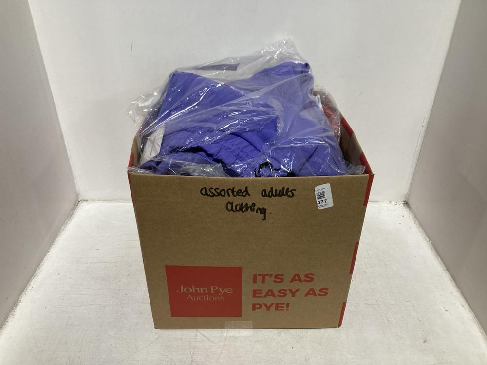 Lot 477  
            Chesterfield SR46 - Parcel Delivery Only 

                
QTY OF ASSORTED ADULTS CLOTHING TO INCLUDE WIDE LEG JOGGERS IN PURPLE - UK SIZE X...