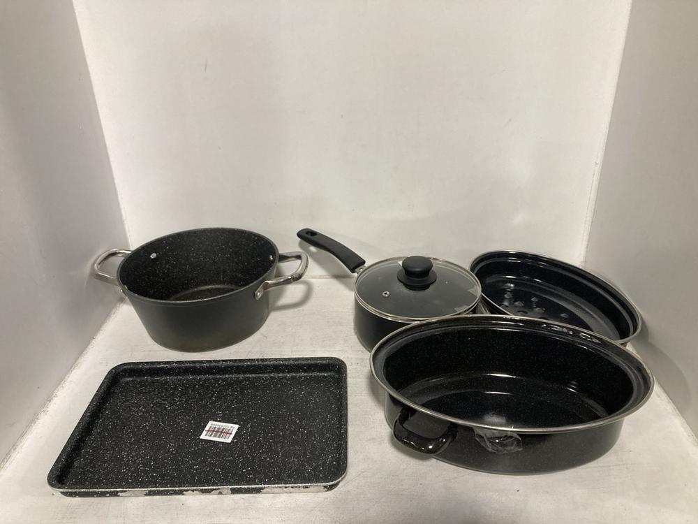 Lot 50  
            Chesterfield SR46 - Parcel Delivery Only 

                
5 X ASSORTED PANS TO INCLUDE DOJO COOKING POT (LOCATION: A2)