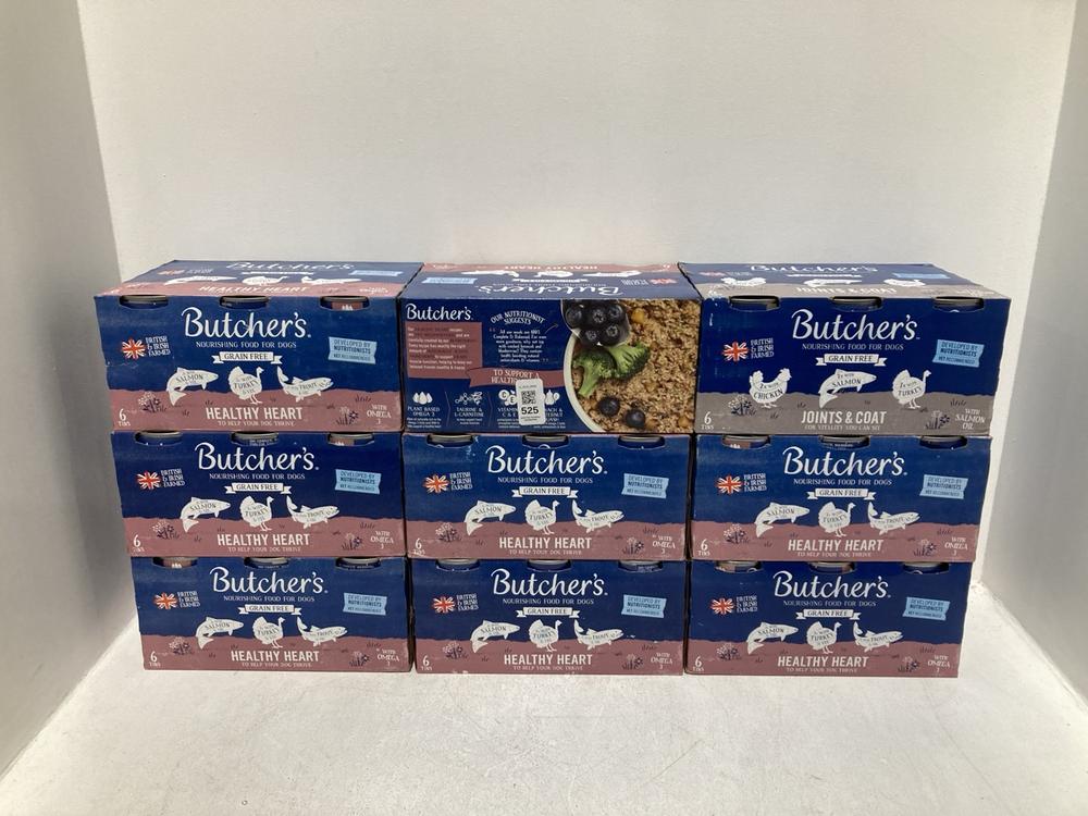 Lot 525  
            Chesterfield SR46 - Parcel Delivery Only 

                
9 X BUTCHERS HEALTHY HEART WITH OMEGA 3 NOURISHING DOG FOOD - 6 TINS PER PACK ( 1...