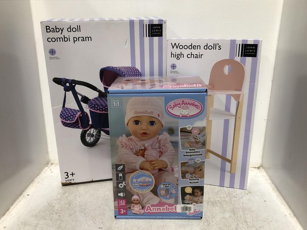 Lot 540  
            Chesterfield SR46 - Parcel Delivery Only 

                
3 X ASSORTED KIDS TOYS TO INCLUDE BABY ANNABELL 711101 BABY (LOCATION: D4)