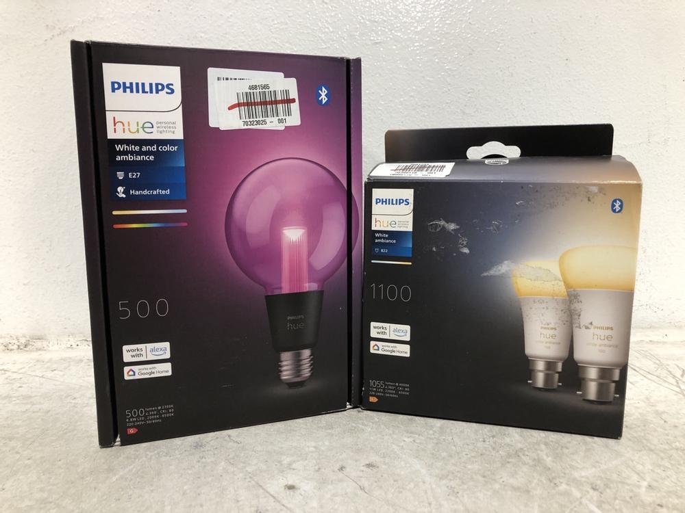 Lot 551  
            Chesterfield SR46 - Parcel Delivery Only 

                
PHILIPS 2-PACK 1100 HUE WHITE AMBIANCE LIGHT BULB TO INCLUDE PHILIPS E27 500 HUE ...