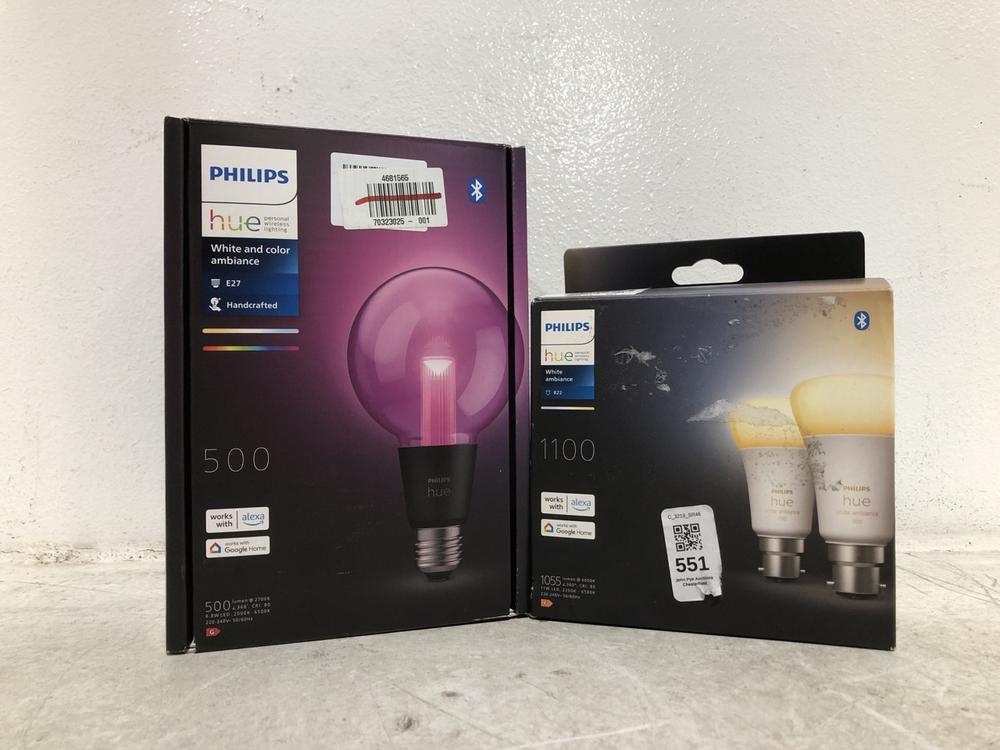 Lot 553  
            Chesterfield SR46 - Parcel Delivery Only 

                
PHILIPS 2-PACK 1100 HUE WHITE AMBIANCE LIGHT BULB TO INCLUDE PHILIPS E27 500 HUE ...