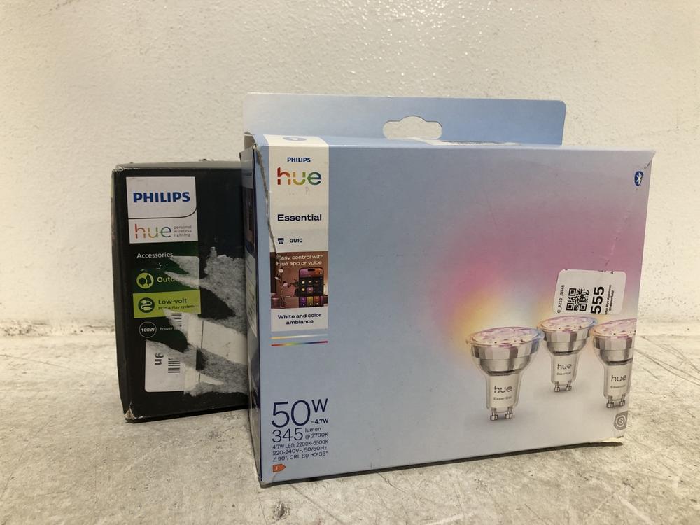Lot 555  
            Chesterfield SR46 - Parcel Delivery Only 

                
PHILIPS HUE 50W ESSENTIAL GU10 WHITE & COLOUR AMBIANCE 3-PACK LIGHT BULB PHILIPS ...