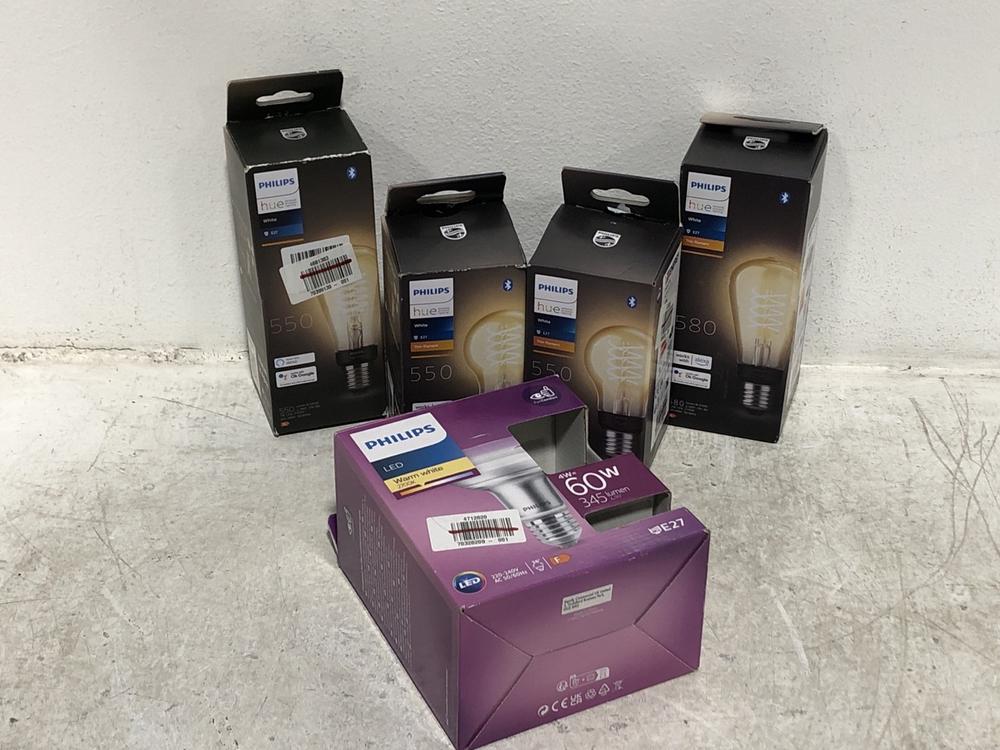 Lot 558  
            Chesterfield SR46 - Parcel Delivery Only 

                
5 X ASSORTED PHILIPS ITEMS TO INCLUDE LED 2700K E27 WARM WHITE LIGHT BULB (LOCATI...