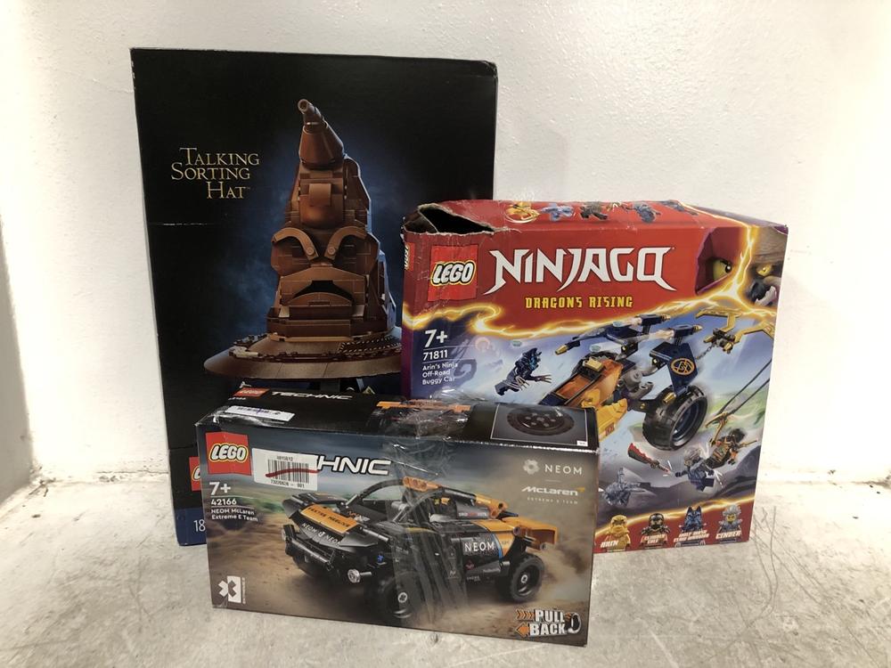 Lot 572  
            Chesterfield SR46 - Parcel Delivery Only 

                
3 X ASSORTED LEGO ITEMS TO INCLUDE LEGO TECHNIC 42166 NEOM MCLAREN EXTREME E TEAM...
