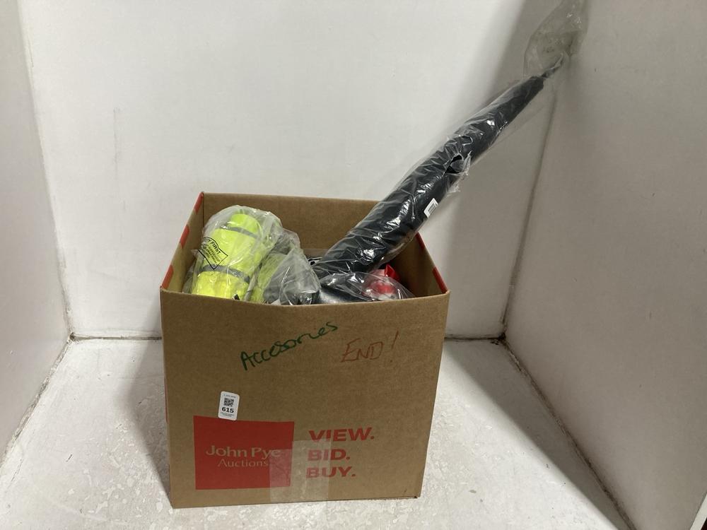 Lot 615  
            Chesterfield SR46 - Parcel Delivery Only 

                
QTY OF ASSORTED ACCESSORIES TO INCLUDE MITRE NEON YELLOW UMBRELLA (LOCATION: C3)