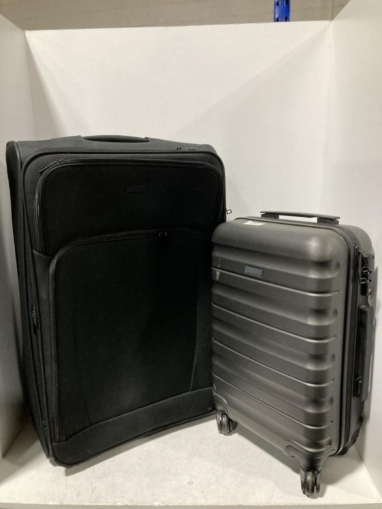 Lot 639  
            Chesterfield SR46 - Parcel Delivery Only 

                
LARGE FABRIC SPINNER SUITCASE IN BLACK TO INCLUDE SMALL HARD SHELL SPINNER SUITCA...