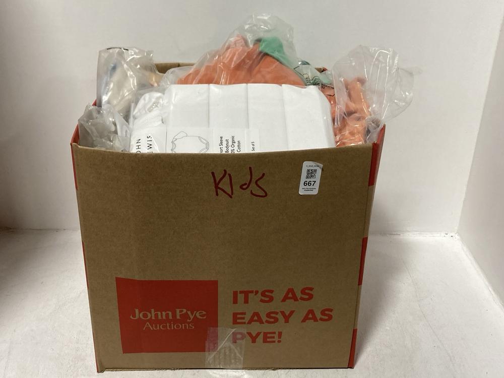 Lot 667  
            Chesterfield SR46 - Parcel Delivery Only 

                
QTY OF ASSORTED KIDS CLOTHING TO INCLUDE 5-PACK SHORT-SLEEVE BABY BODYSUIT IN WHI...