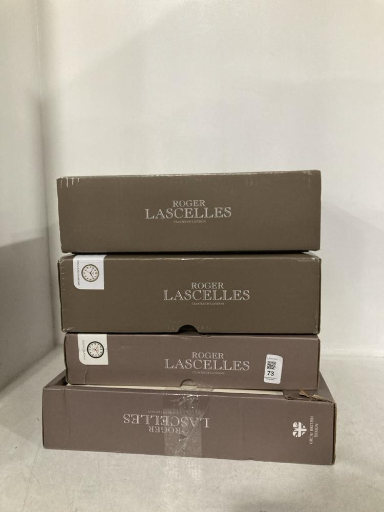 Lot 73  
            Chesterfield SR46 - Parcel Delivery Only 

                
4 X ASSORTED ROGER LASCELLES CLOCKS TO INCLUDE ROGER LASCELLES DECO LASC CHROME 3...