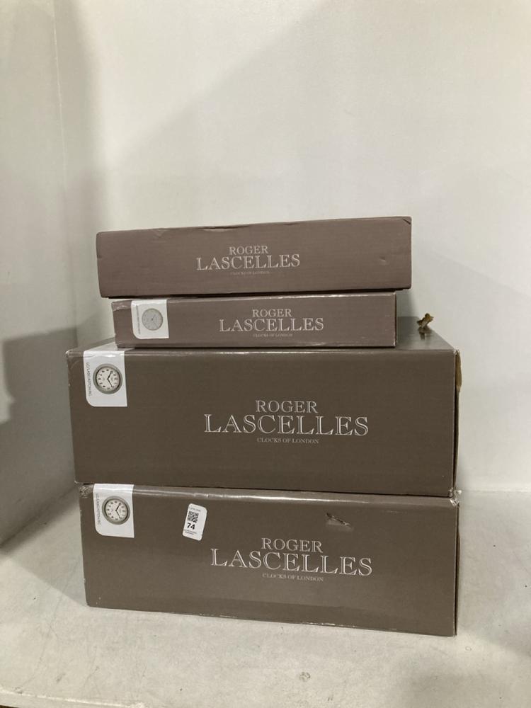 Lot 74  
            Chesterfield SR46 - Parcel Delivery Only 

                
4 X ASSORTED ROGER LASCELLES CLOCKS TO INCLUDE ROGER LASCELLES TS SYNC GREY & ORA...