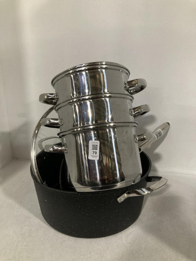 Lot 79  
            Chesterfield SR46 - Parcel Delivery Only 

                
4 X ASSORTED PANS TO INCLUDE STAINLESS STEEL SAUCEPAN WITH LID (LOCATION: A3)