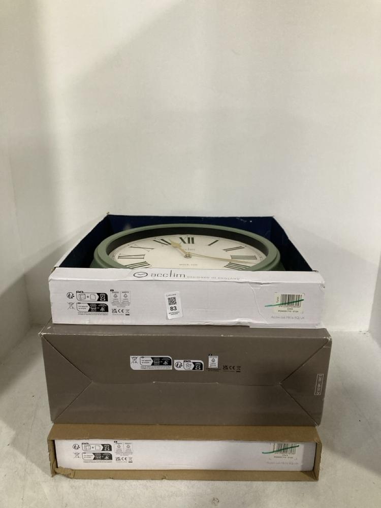 Lot 83  
            Chesterfield SR46 - Parcel Delivery Only 

                
3 X ASSORTED CLOCKS TO INCLUDE ACCTIM ROMAN NUMERALS WALL CLOCK IN SAGE GREEN & B...