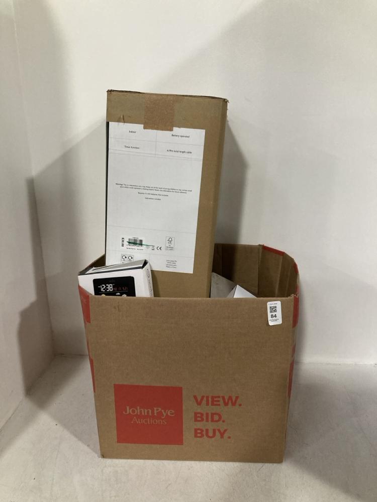 Lot 84  
            Chesterfield SR46 - Parcel Delivery Only 

                
QTY OF ASSORTED HOME ITEMS TO INCLUDE ACCTIM DIGITAL ALARM CLOCK IN GREEN (LOCATI...