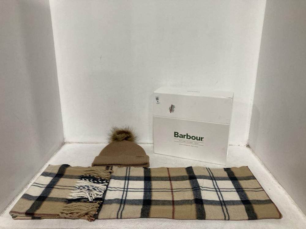 Lot 8  
            Chesterfield SR46 - Parcel Delivery Only 

                
BARBOUR DOVER BEANIE HAT & HAILES SCARF GIFT SET IN TARTAN BROWN - ONESIZE (LOCAT...
