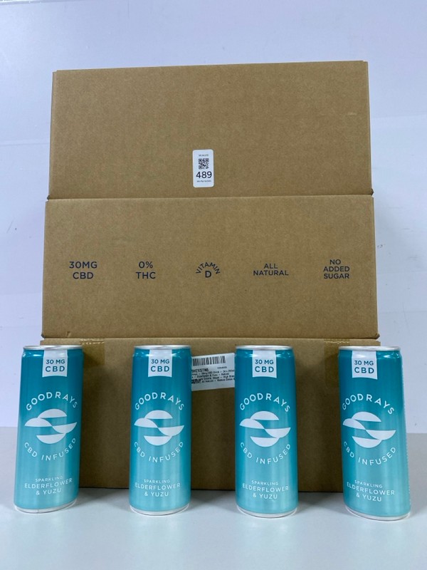 Lot 489  
            Nottingham SR1 - Delivery Only 

                
3 X BOXES OF GOODRAYS CBD INFUSED SPARKLING DRINK - ELDERFLOWER & YUZU FLAVOUR- 2...