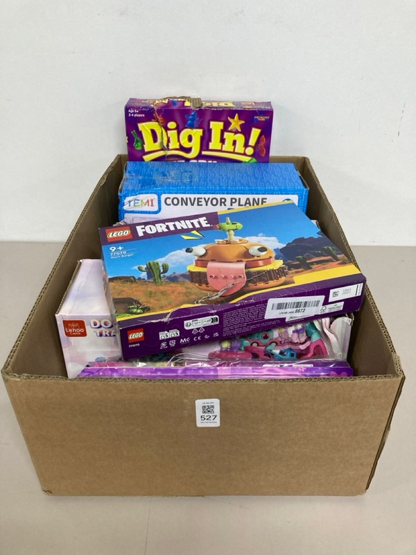 Lot 527  
            Nottingham SR1 - Delivery Only 

                
BOX OF VARIOUS TOYS/GAMES INC. LEGO FORTNITE DURR BURGER