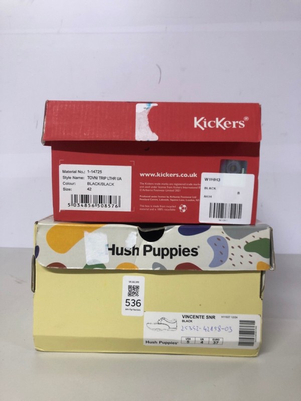 Lot 536  
            Nottingham SR1 - Delivery Only 

                
HUSH PUPPIES VINCENTE SNR SHOE - BLACK - SIZE UK 4 & KICKERS TONVI TRIP SHOE - BL...