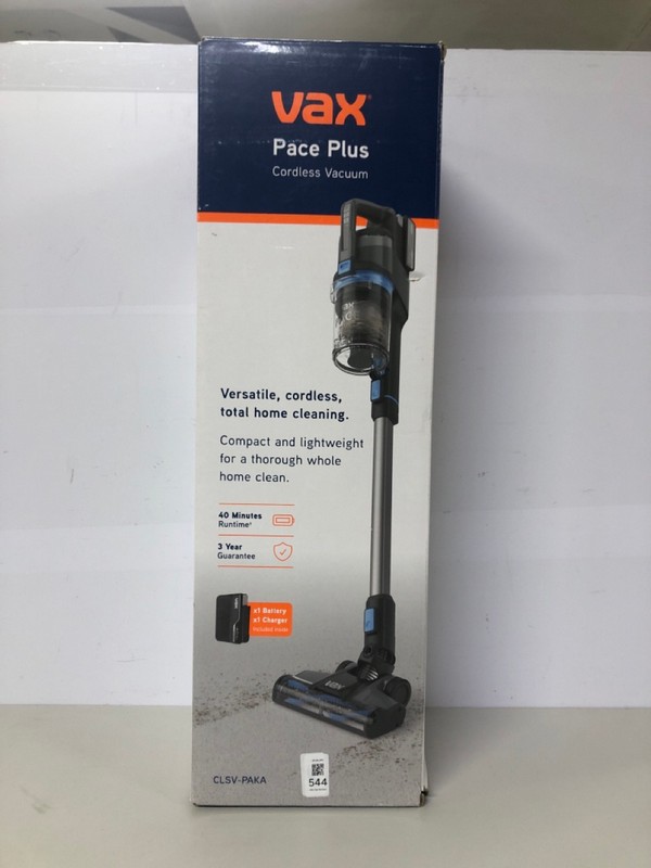 Lot 544  
            Nottingham SR1 - Delivery Only 

                
VAX PACE PLUS CORDLESS VACUUM CLEANER MODEL: CLSV-PAKA - ORIGINAL RRP.£189