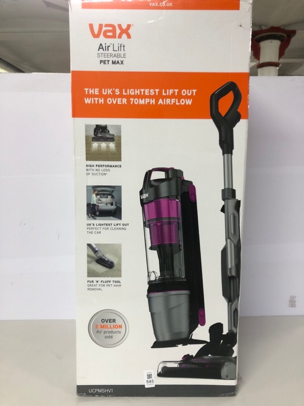 Lot 545  
            Nottingham SR1 - Delivery Only 

                
VAX AIR LIFT STEERABLE PET MAX UP-RIGHT VACUUM CLEANER MODEL: UCPMSHV1 - ORIGINAL...
