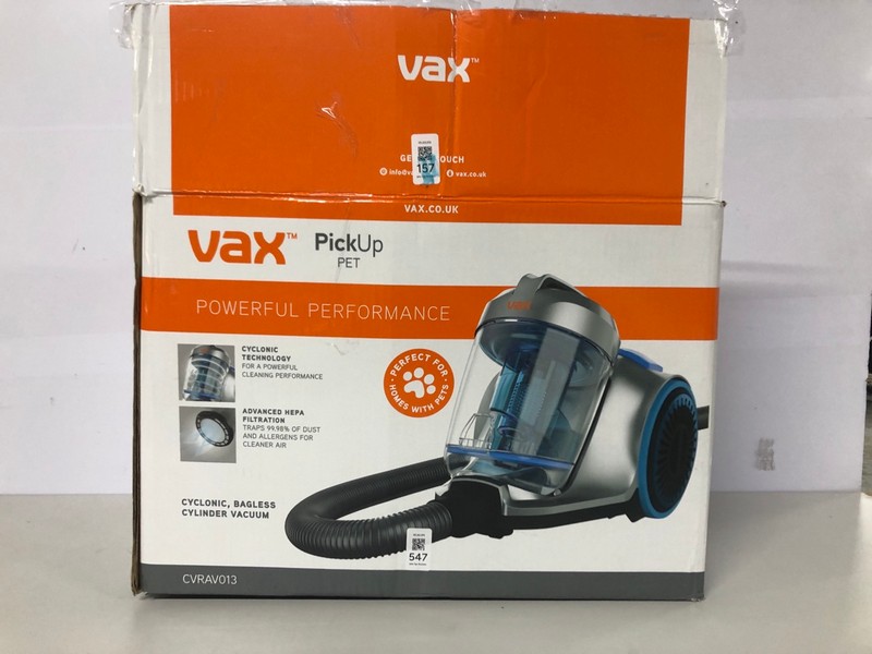 Lot 547  
            Nottingham SR1 - Delivery Only 

                
VAX PICKUP PET CYLINDER VACUUM CLEANER MODEL: CVRAV013 - ORIGINAL RRP.£69