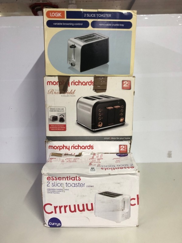 Lot 554  
            Nottingham SR1 - Delivery Only 

                
4 X VARIOUS TOASTERS INC. ESSENTIALS 2 SLICE TOASTER