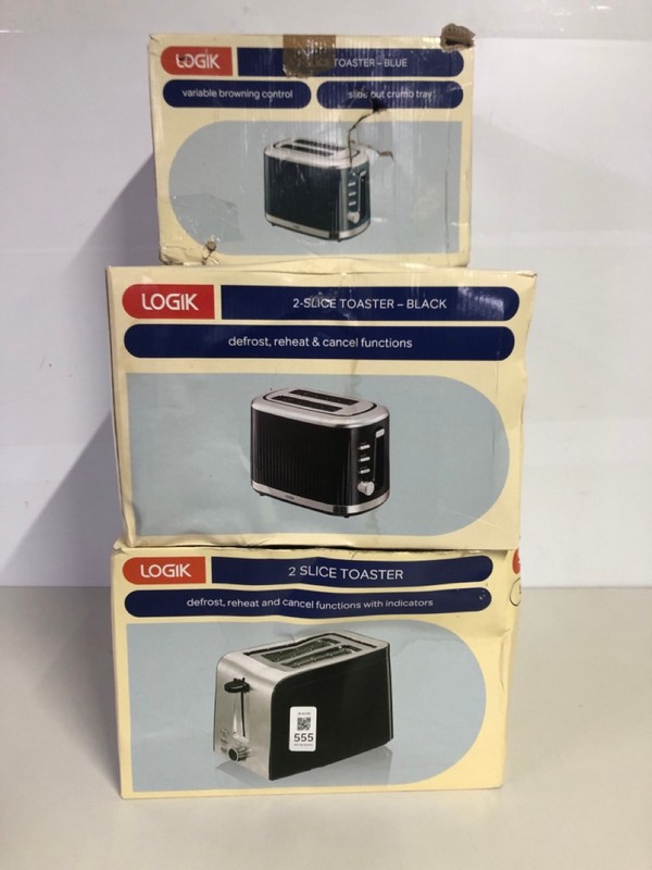 Lot 555  
            Nottingham SR1 - Delivery Only 

                
5 X VARIOUS LOGIK TOASTERS INC. 2-SLICE BLUE TOASTER