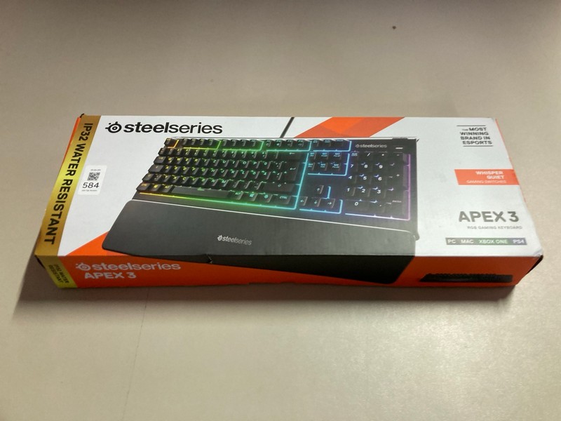 Lot 584  
            Nottingham SR1 - Delivery Only 

                
STEELSERIES APEX 3 RGB GAMING KEYBOARD - ORIGINAL RRP.£49