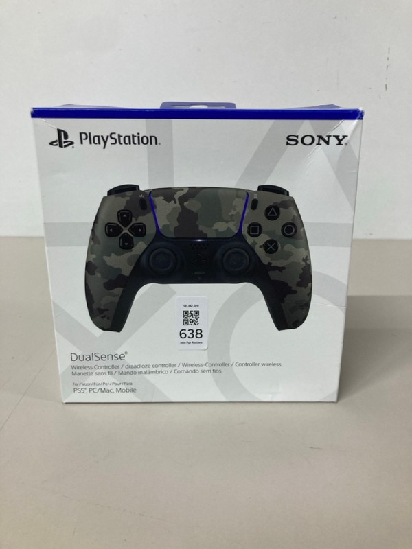 Lot 638  
            Nottingham SR1 - Delivery Only 

                
PLAYSTATION 5 DUAL SENSE WIRELESS CONTROLLER - GREY CAMO - ORIGINAL RRP - £74.99