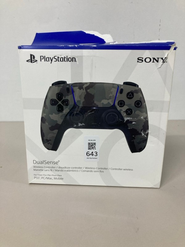 Lot 643  
            Nottingham SR1 - Delivery Only 

                
PLAYSTATION 5 DUAL SENSE WIRELESS CONTROLLER - GREY CAMO - ORIGINAL RRP - £74.99