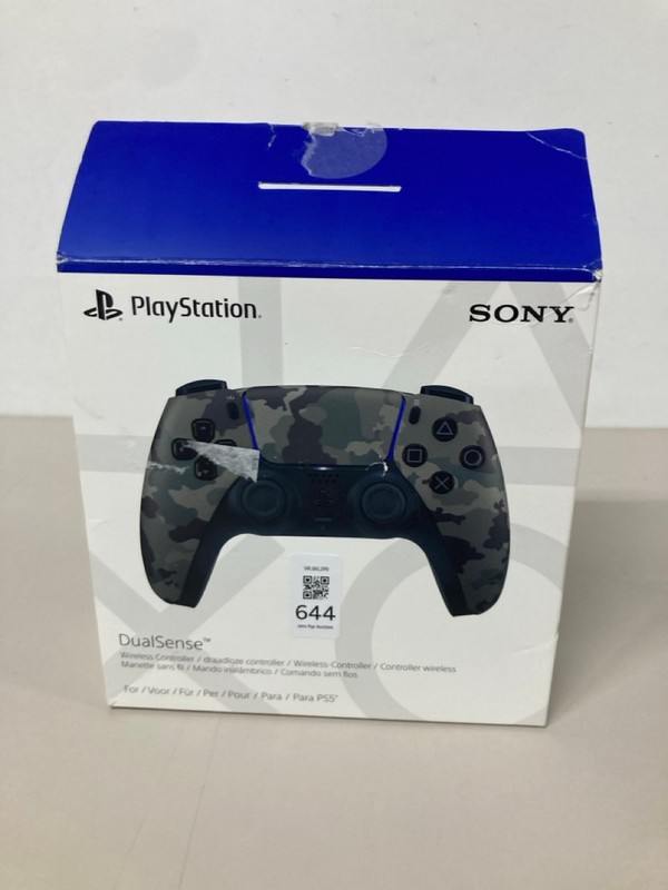 Lot 644  
            Nottingham SR1 - Delivery Only 

                
PLAYSTATION 5 DUAL SENSE WIRELESS CONTROLLER - GREY CAMO - ORIGINAL RRP - £74.99
