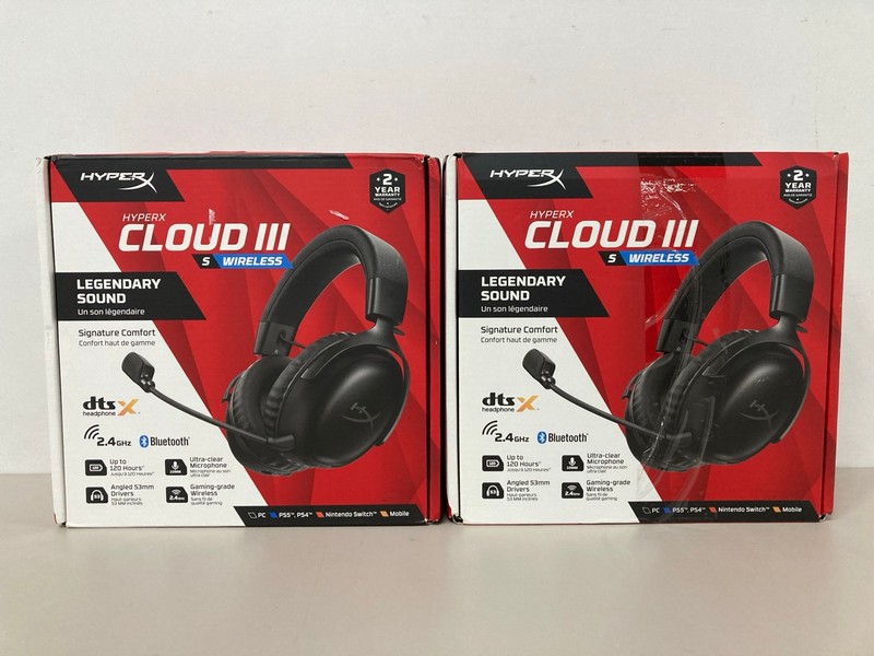 Lot 677  
            Nottingham SR1 - Delivery Only 

                
2 X HYPER X CLOUD III WIRELESS GAMING HEADSETS - ORIGINAL RRP - £139.99 (EACH)