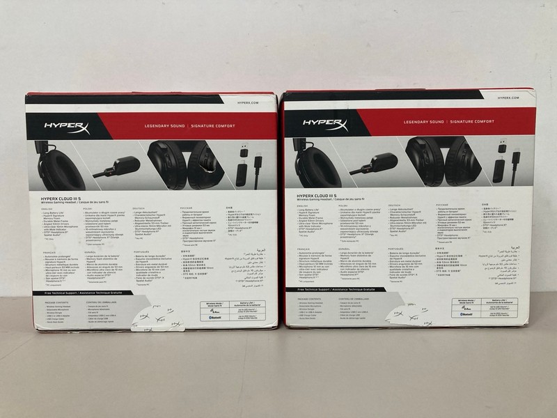 Lot 677  
            Nottingham SR1 - Delivery Only 

                
2 X HYPER X CLOUD III WIRELESS GAMING HEADSETS - ORIGINAL RRP - £139.99 (EACH)