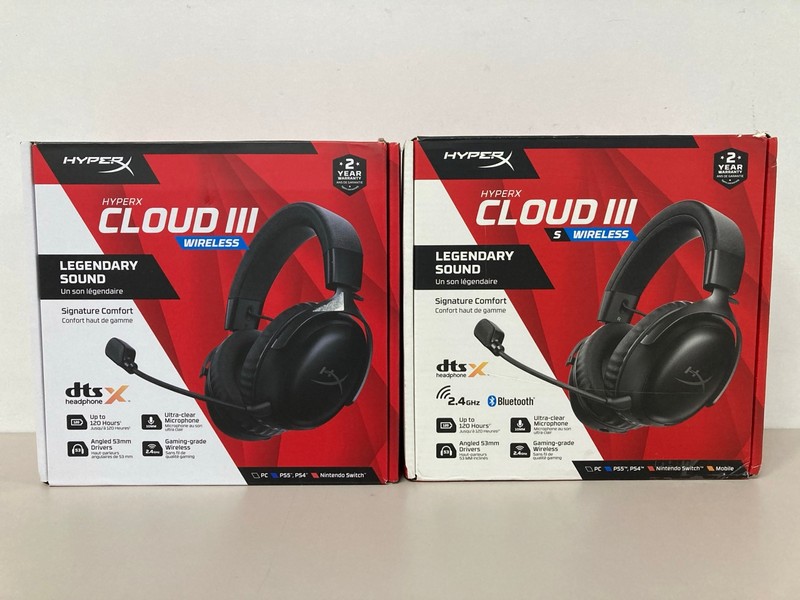 Lot 678  
            Nottingham SR1 - Delivery Only 

                
2 X HYPER X CLOUD III WIRELESS GAMING HEADSETS - ORIGINAL RRP - £139.99 (EACH)