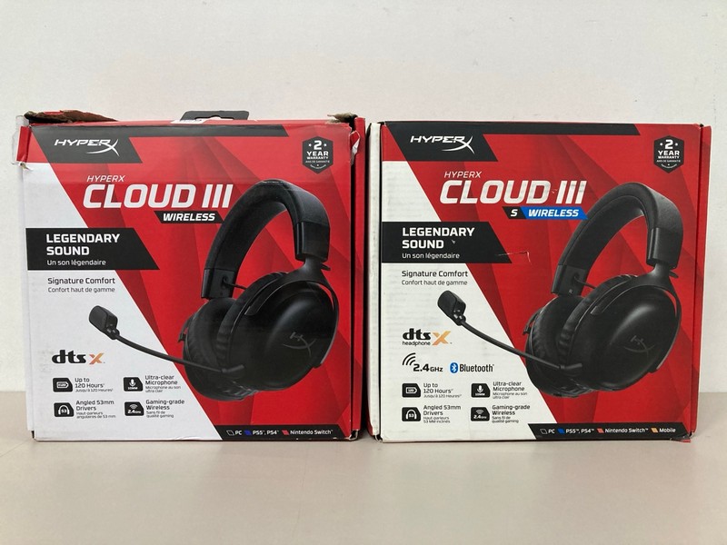 Lot 679  
            Nottingham SR1 - Delivery Only 

                
2 X HYPER X CLOUD III WIRELESS GAMING HEADSETS - ORIGINAL RRP - £139.99 (EACH)