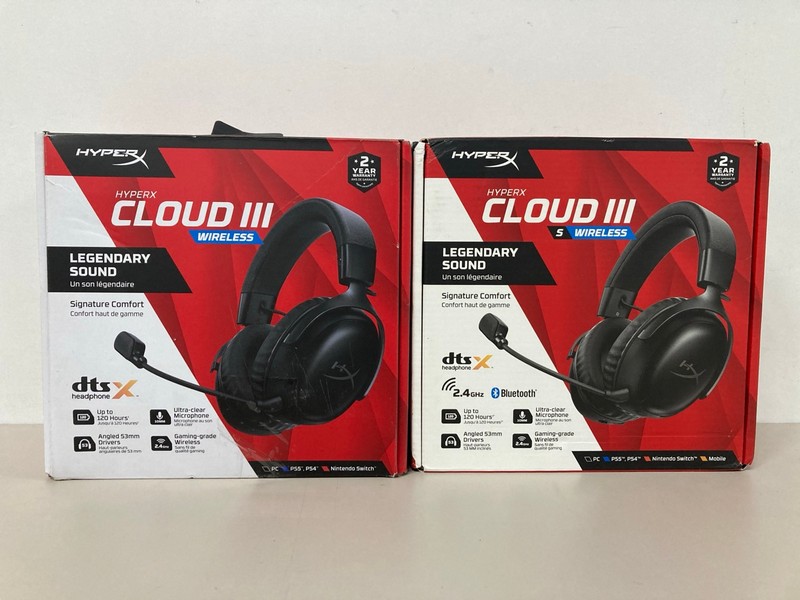 Lot 680  
            Nottingham SR1 - Delivery Only 

                
2 X HYPER X CLOUD III WIRELESS GAMING HEADSETS - ORIGINAL RRP - £139.99 (EACH)