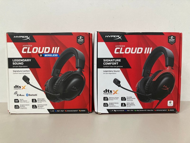 Lot 681  
            Nottingham SR1 - Delivery Only 

                
2 X HYPER X CLOUD III WIRELESS GAMING HEADSETS - ORIGINAL RRP - £139.99 (EACH)