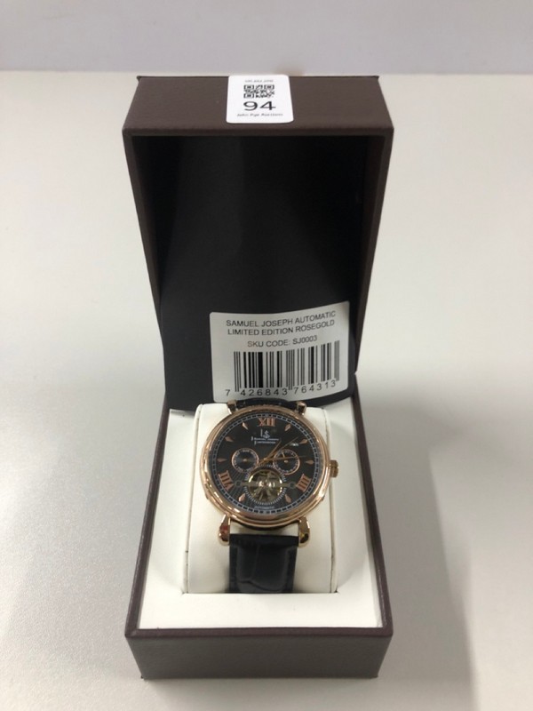 Lot 94  
            Nottingham SR1 - Delivery Only 

                
SAMUEL JOSEPH AUTOMATIC LIMITED EDITION ROSE GOLD WATCH MODEL: SJ0003