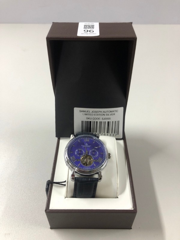 Lot 96  
            Nottingham SR1 - Delivery Only 

                
SAMUEL JOSEPH AUTOMATIC LIMITED EDITION SILVER WATCH MODEL: SJ0005