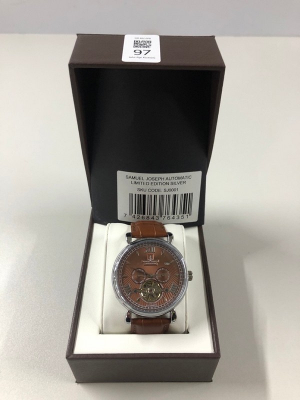 Lot 97  
            Nottingham SR1 - Delivery Only 

                
SAMUEL JOSEPH AUTOMATIC LIMITED EDITION SILVER WATCH MODEL: SJ0001