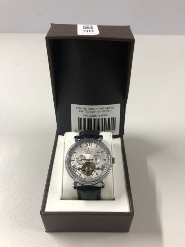 Lot 98  
            Nottingham SR1 - Delivery Only 

                
SAMUEL JOSEPH AUTOMATIC LIMITED EDITION SILVER WATCH MODEL: SJ0007